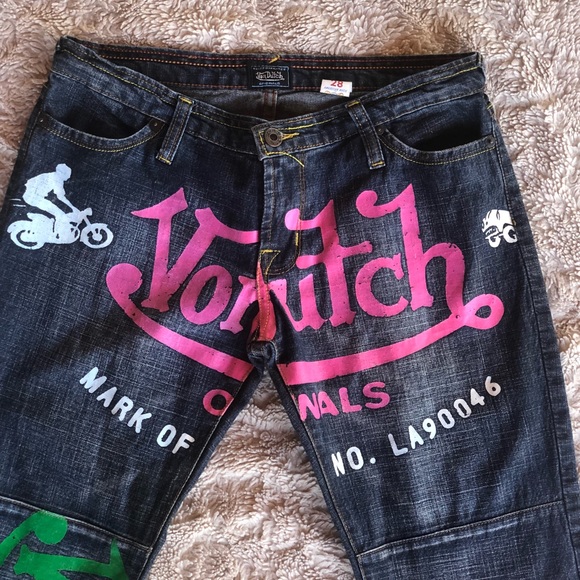RELIST & SOLD 😃Von Dutch Colored LOGO Jeans Pink Green Motorcyles & Race Cars - Picture 2 of 12